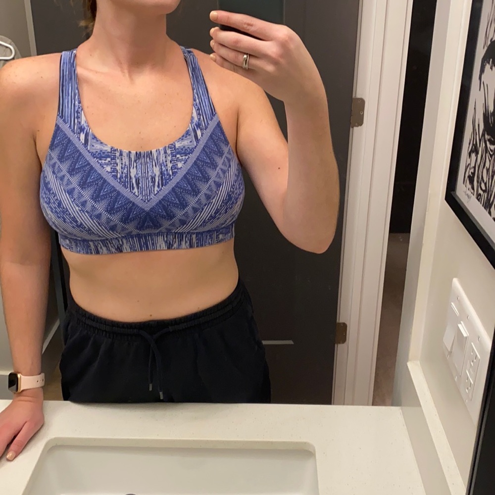 Blue patterned Lululemon sports bra